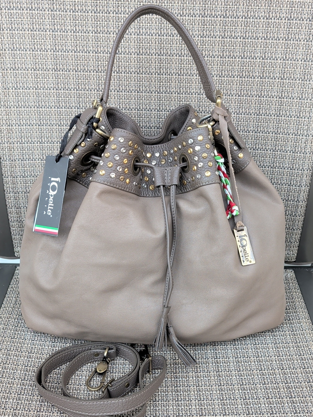 IOpelle Italia Leather Studded Top Handle Drawstring Shoulder/Crossbody Bag NWT